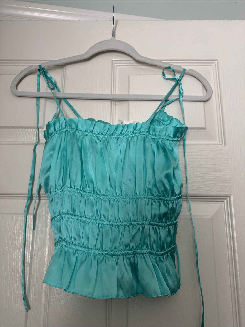 Tie-Shoulder Teal Smocked Ruffle Cami Top